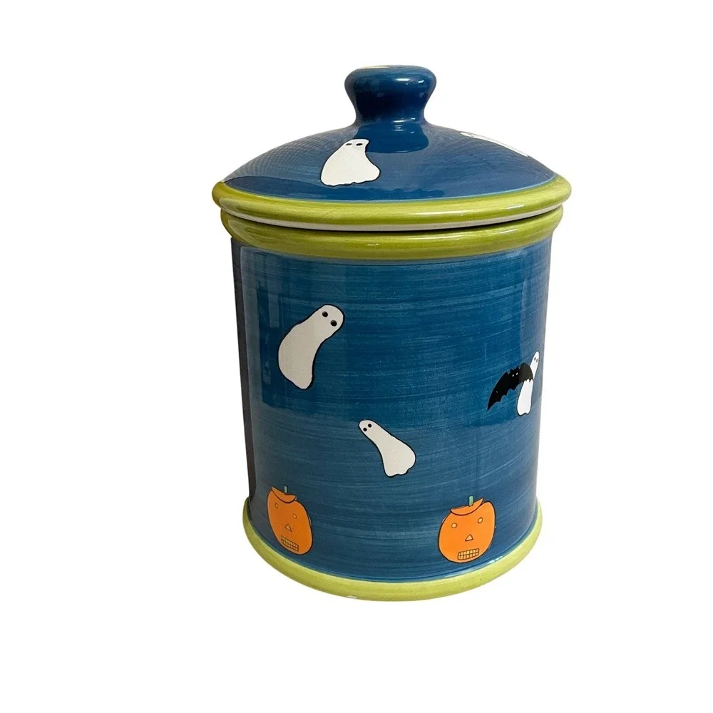 Vtg Y2K Hausenware Halloween Cookie Jar Canister Ghost Bat Pumpkin Blue Green